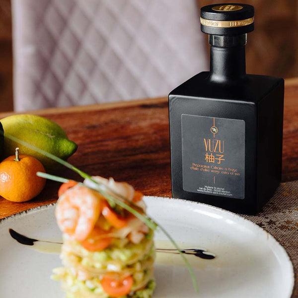 Millefeuille d'avocat et gambas & huile d'olive au Yuzu